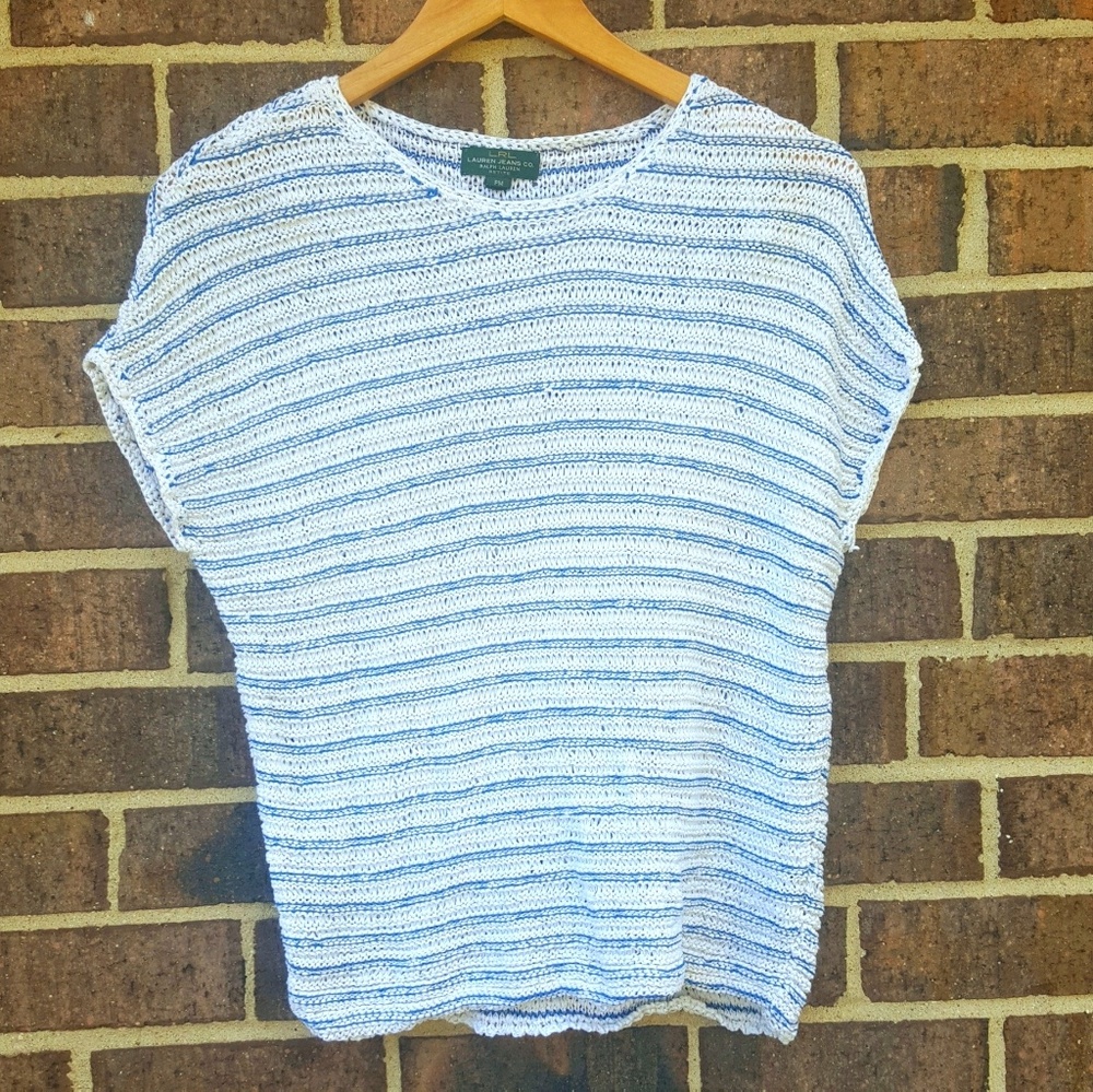 Lauren Ralph Crochet Short Sleeve Blue and White